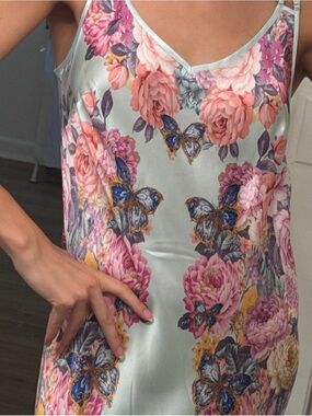 Anne Fontaine 100% Silk Floral Butterfly Slip Dress Midi Pink Blue Size M